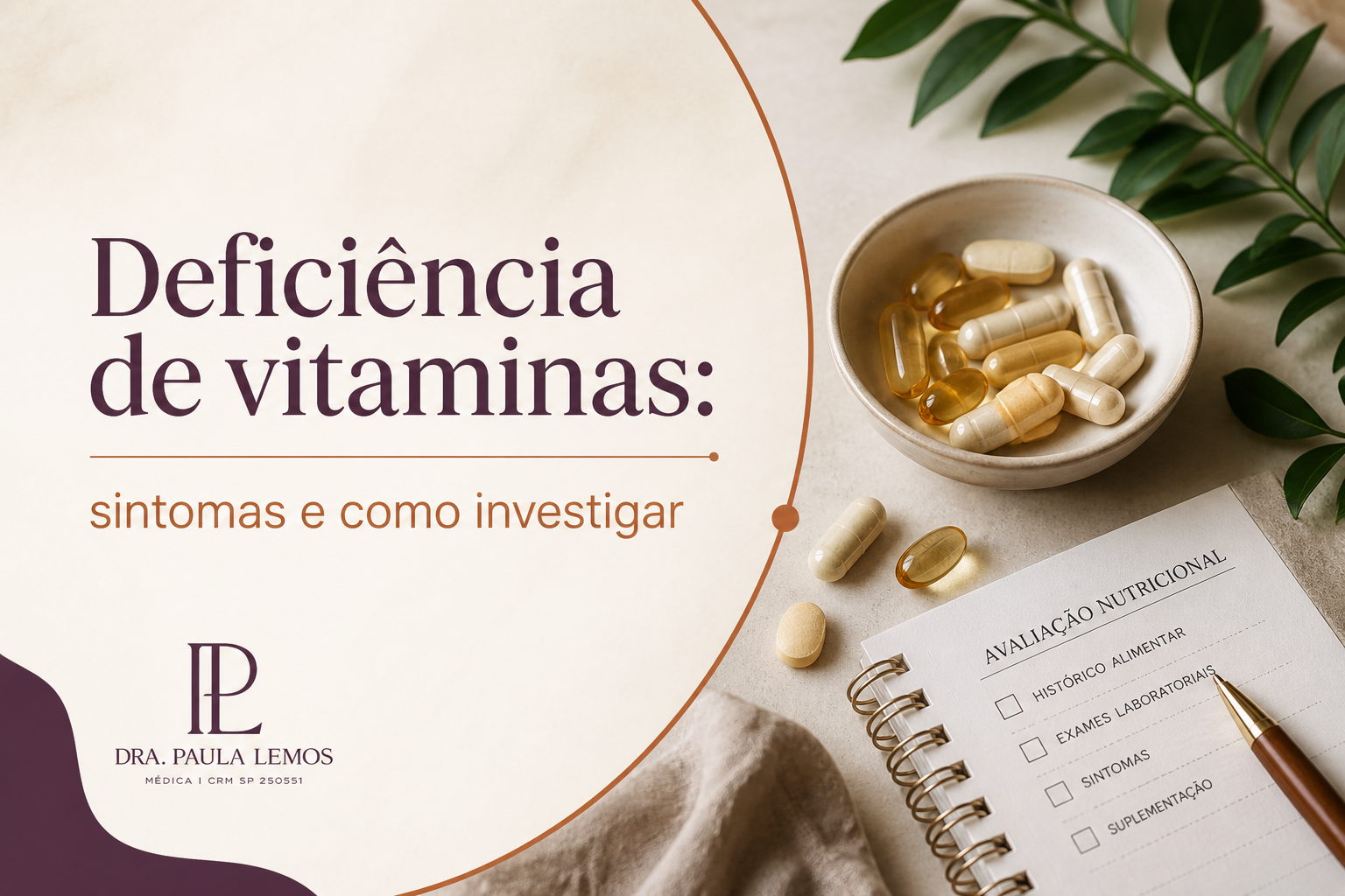 Tabela e ilustrações sobre sintomas de deficiência de vitaminas e minerais por sistema corporal, incluindo marcadores clínicos de investigação