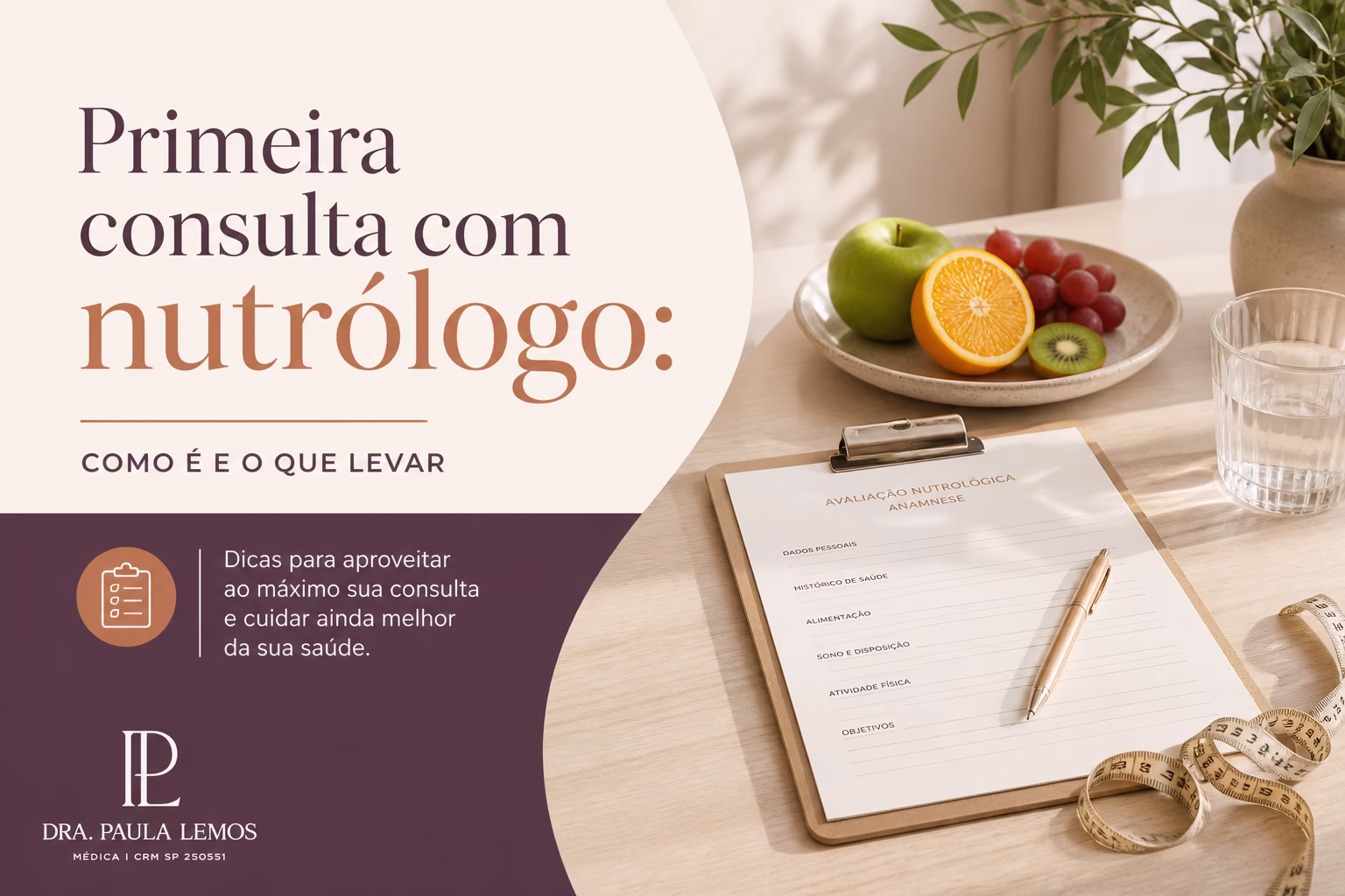 Mulher durante avaliação física em consultório de nutrologia, com aferição de medidas corporais e discussão de histórico de saúde