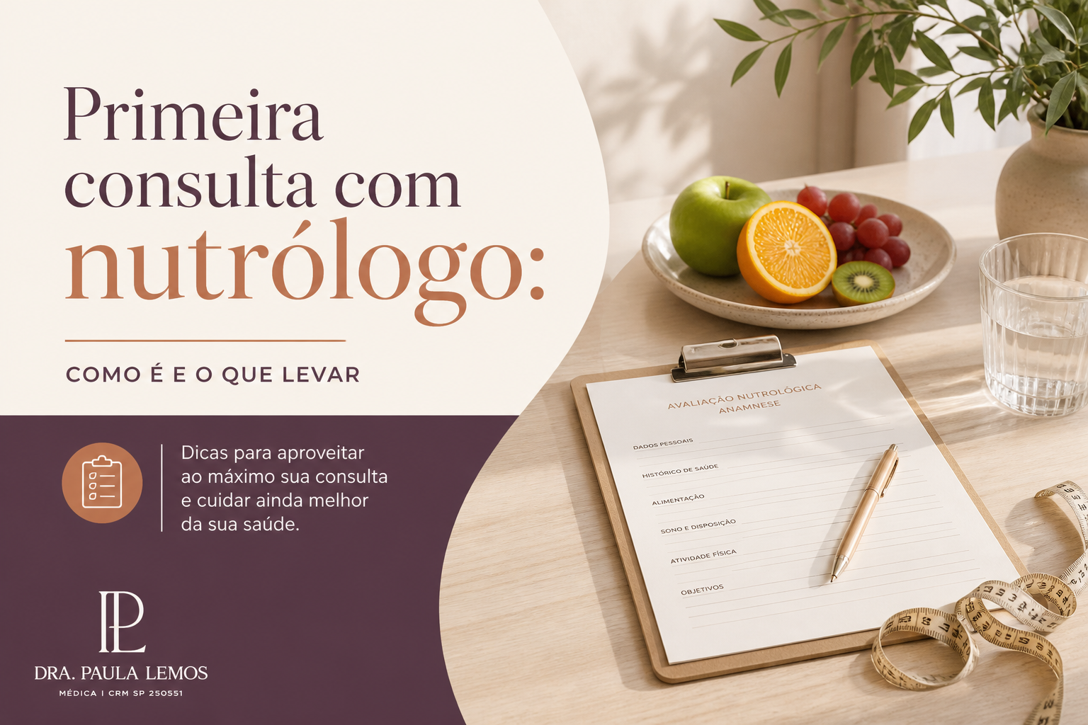 Mulher durante avaliação física em consultório de nutrologia, com aferição de medidas corporais e discussão de histórico de saúde