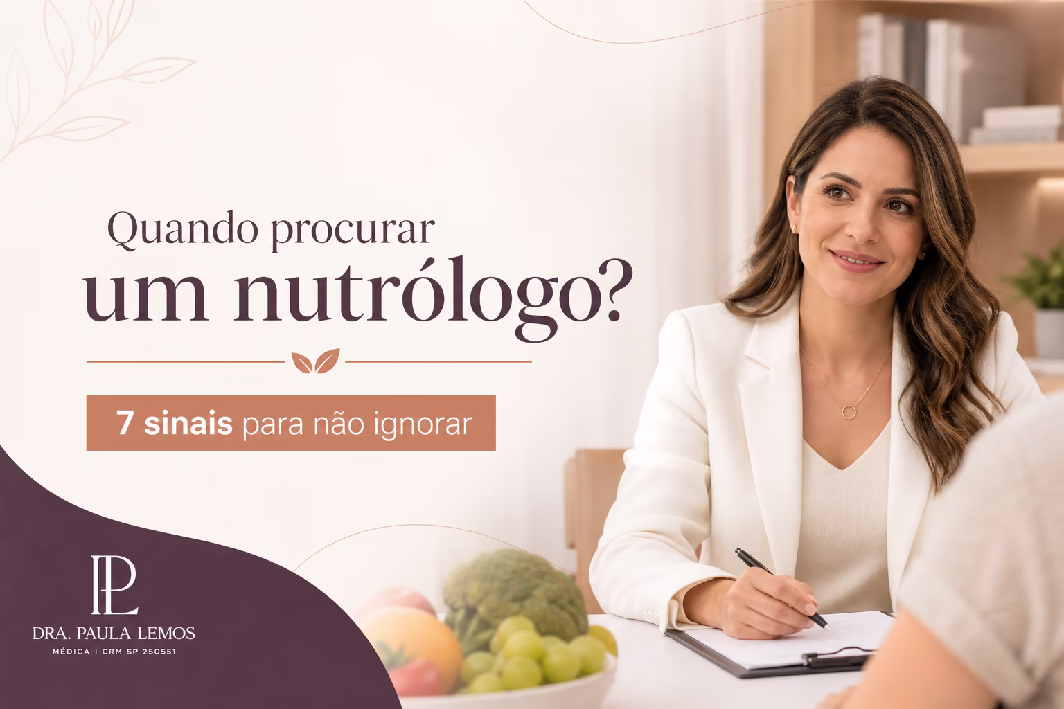 Ilustração dos 7 sinais do corpo que indicam quando procurar um nutrólogo: cansaço persistente, dificuldade para emagrecer, inchaço abdominal, queda de cabelo, fome desregulada, perda de força e exames alterados.