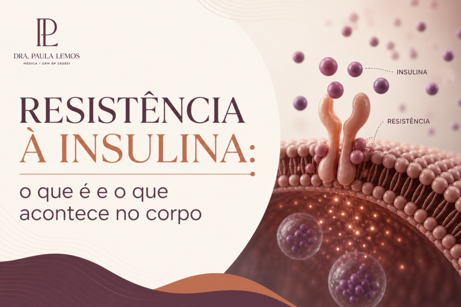 Ilustração esquemática mostrando como a insulina atua nas células e o mecanismo de resistência insulínica com hiperinsulinemia compensatória